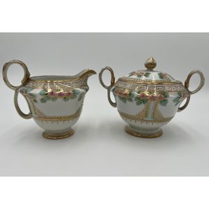 Vintage Nippon‎ Moriage Creamer and Covered Sugar Maple Leaf Gold Beaded
